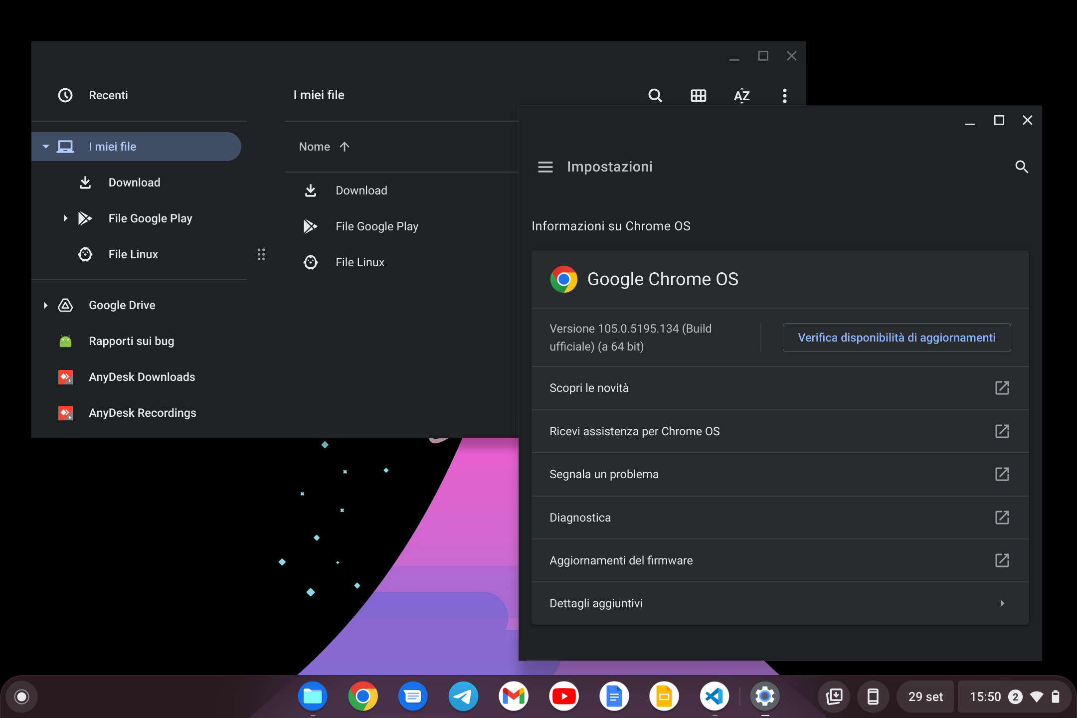 The ChromeOS desktop with the File Manager and the Settings app opened