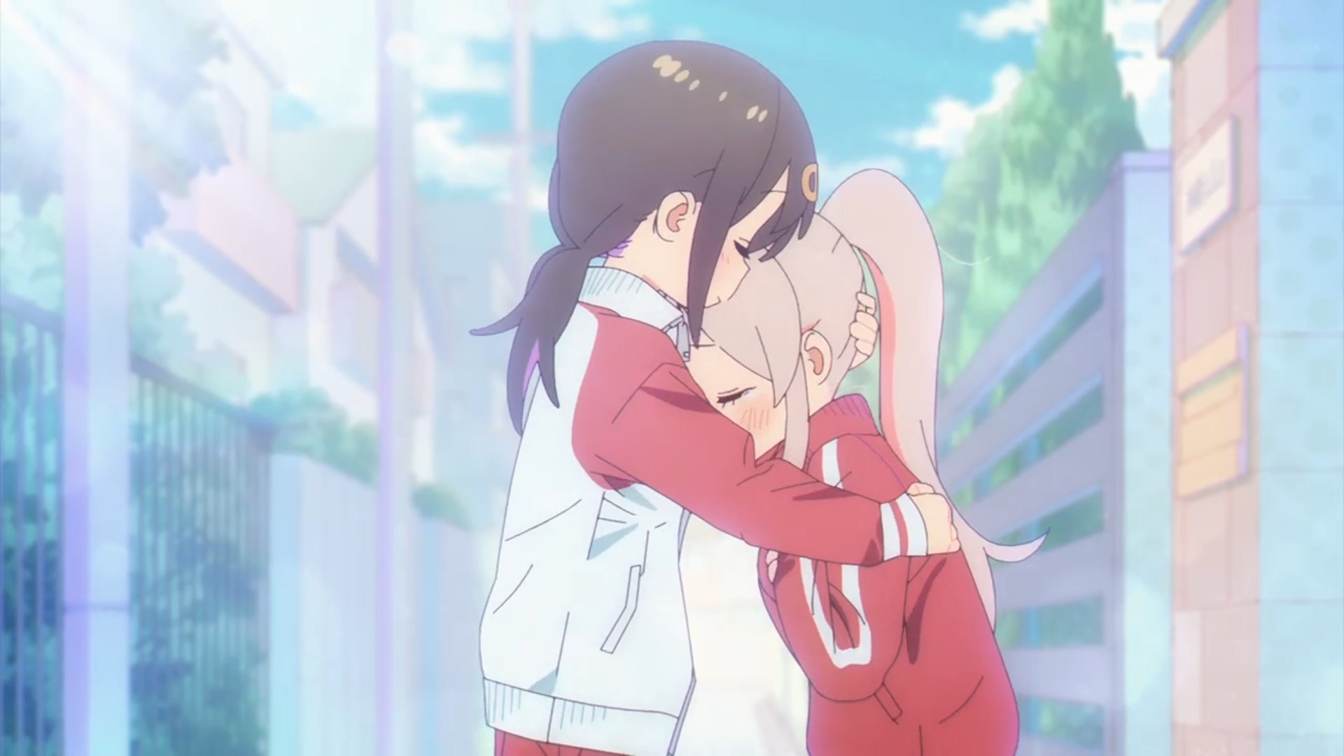 Mahiro and Mihari hugging each other, frame from the first episode of the series